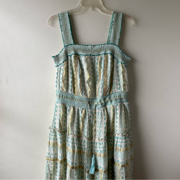 Soft Surroundings Aegean Tiered Boho Maxi Dress Metallic Gold Aqua Blue Cream M - Picture 2 of 11